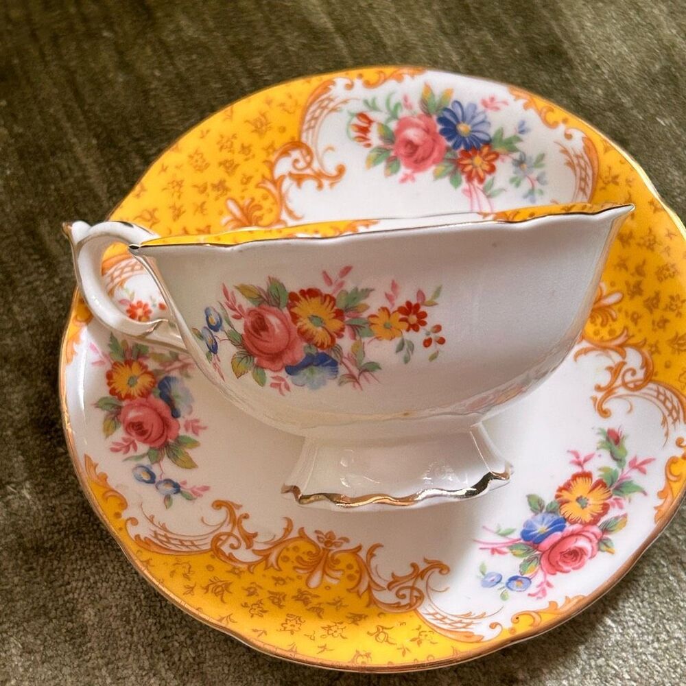 Paragon Yellow White Gold Teacup Coffee Cup & Saucer H.M. Queen Mary |See Photos